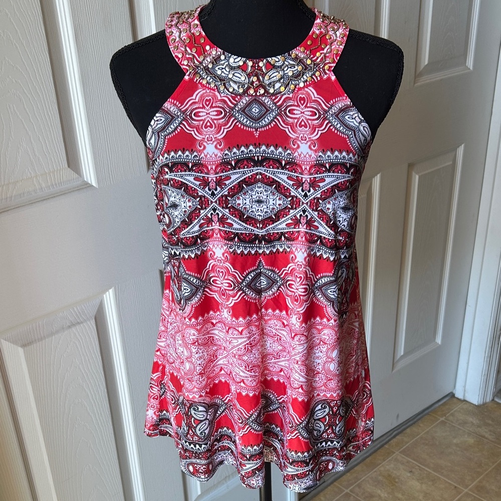 INC International Concepts Red and Black Patterned Tank Top